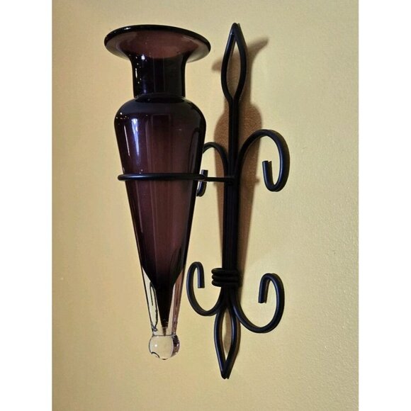 Amphora Vase on Fleur De Lis Sconce Purple Black Aubergine Wall Decor Hanging - Picture 2 of 10